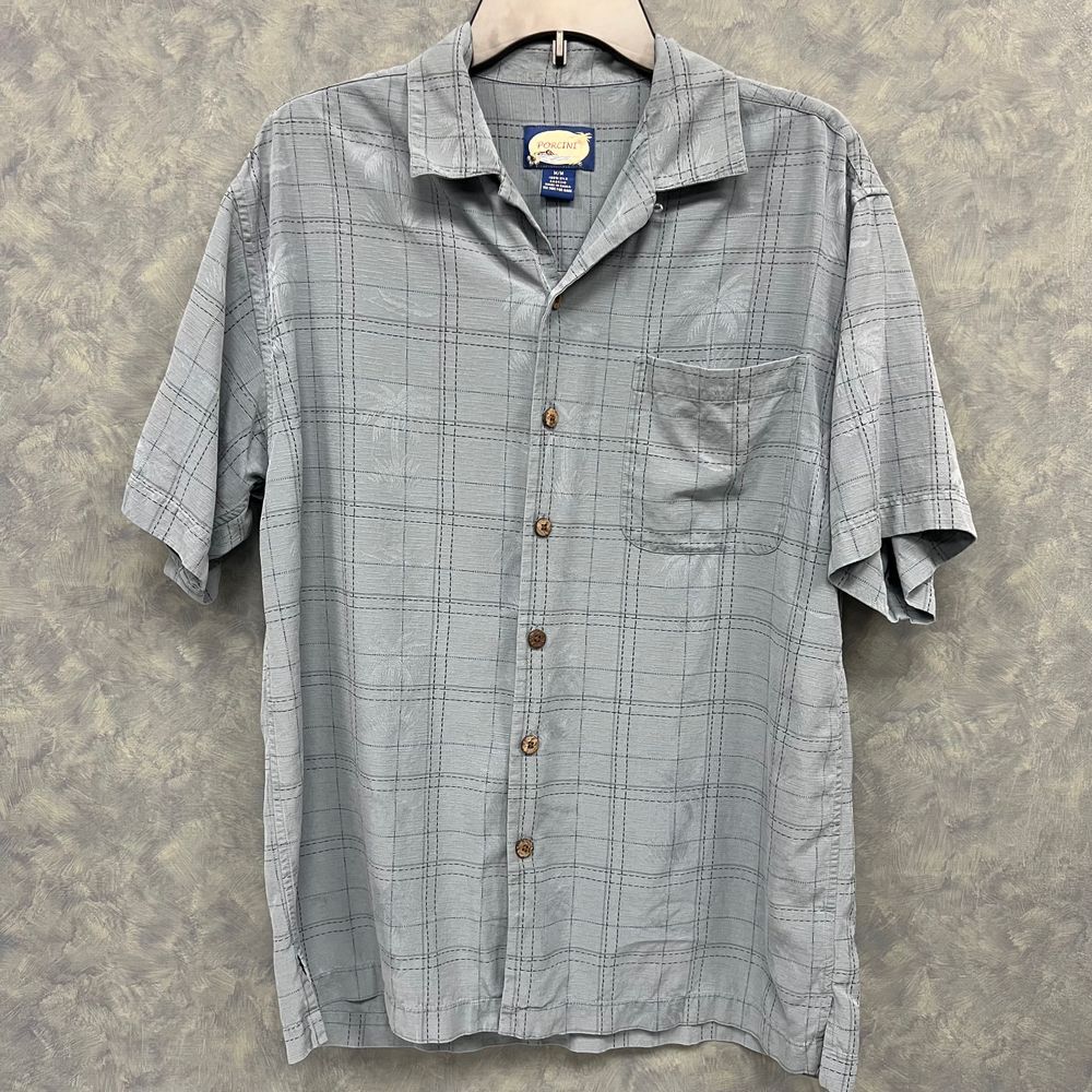 Porcini Silk Blue Plaid Short Sleeve Button‎ Down Casual Camp Collar Shirt Sz M